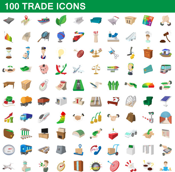 100个贸易图标设置卡通风格图片下载