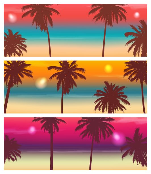 旅游旗帜与棕榈树异国风景图片下载