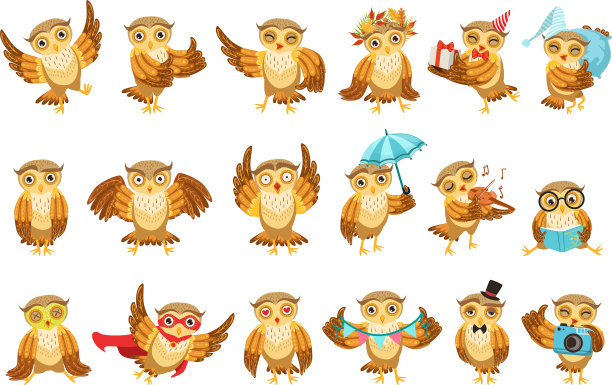 可爱的棕色猫头鹰表情符号集图片下载