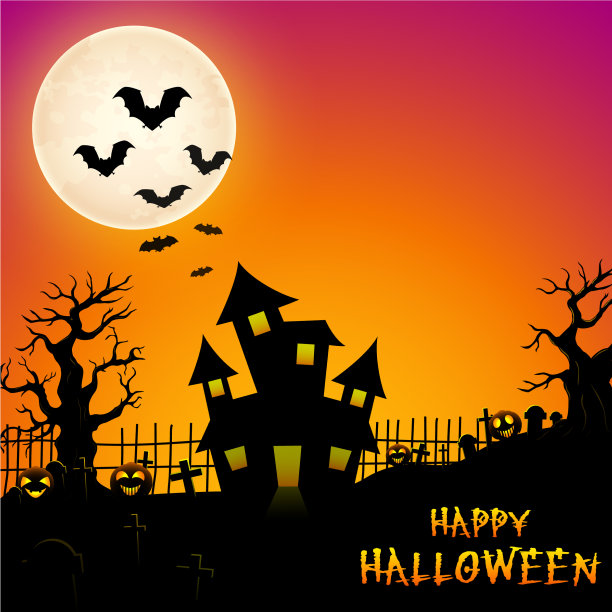 万圣节鬼屋城堡与蝙蝠和树在gr图片下载