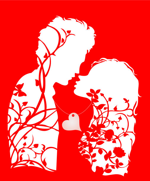 情侣在爱情剪影与花卉装饰图片下载