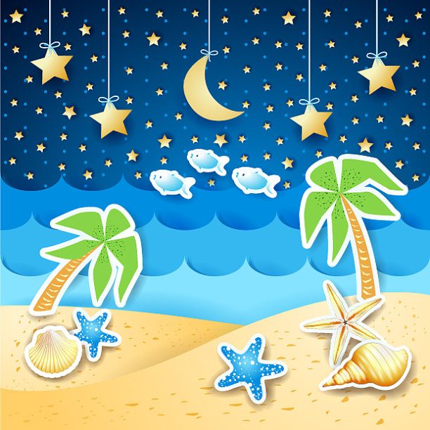 夏天的风景，晚上有棕榈树和贝壳图片下载