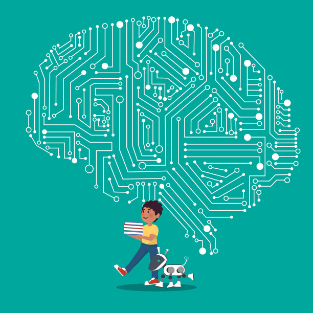 受过教育的男孩和有大脑机制的机器人图片下载