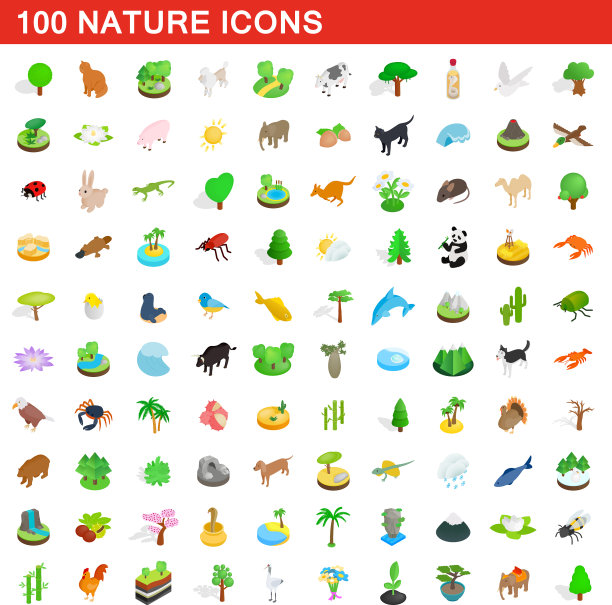100个自然图标设置等距3d样式图片下载
