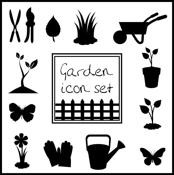 黑色剪影的花园图标设置孤立图片下载