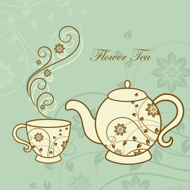 带有花卉设计元素的茶壶和茶杯图片下载