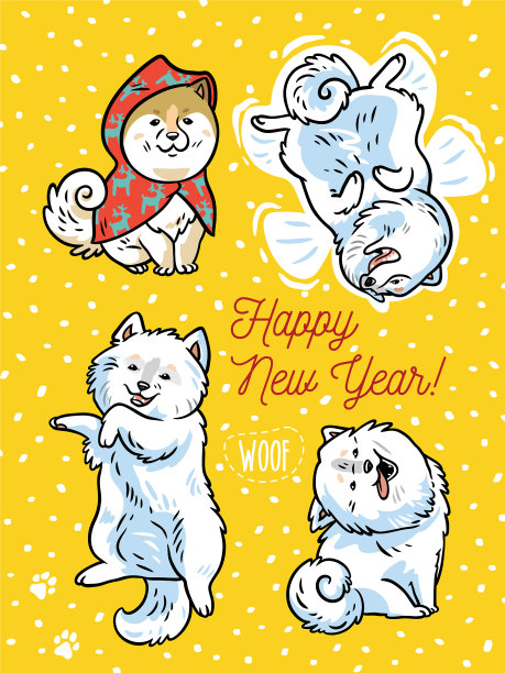 四只可爱的小狗，上面写着新年快乐图片下载