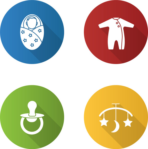 儿童保育平面设计长阴影字形图标集图片下载