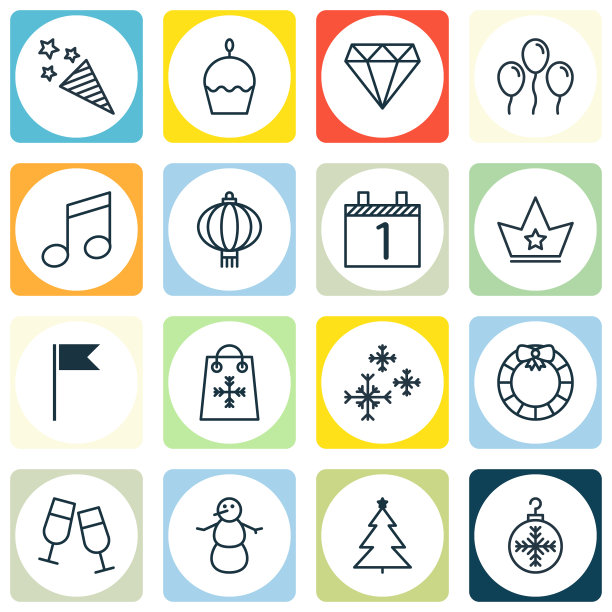 一套16个圣诞图标包括装饰树图片下载