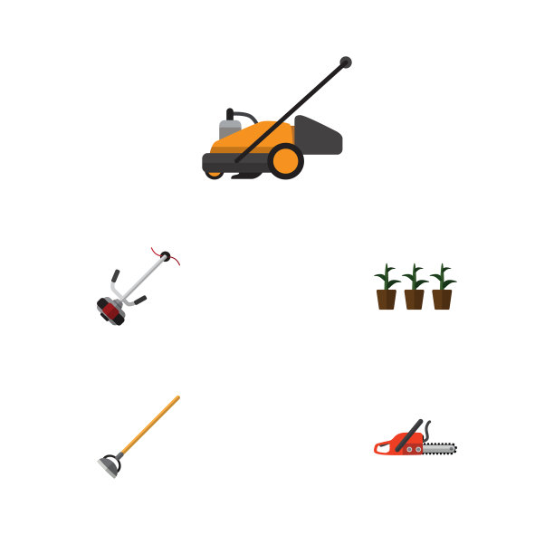 平坦的图标别墅一套割草机钢锯草坪图片下载