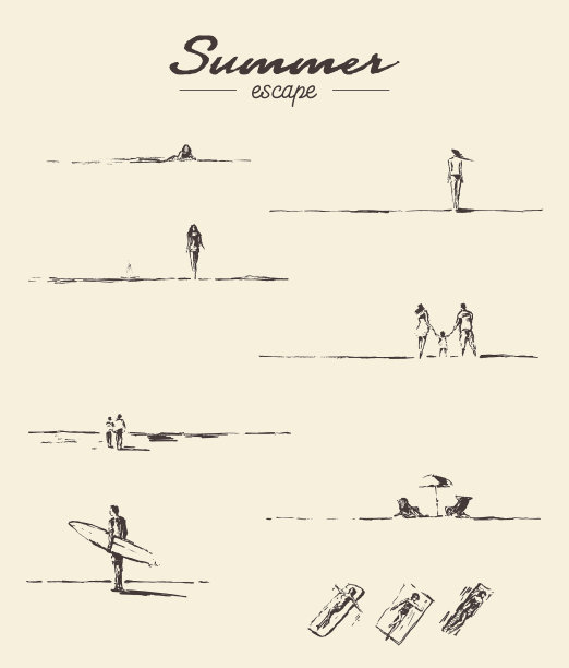 布景画了海景人沙滩素描图片下载