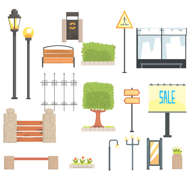 城市景观构造元素设置在可爱的卡通图片下载