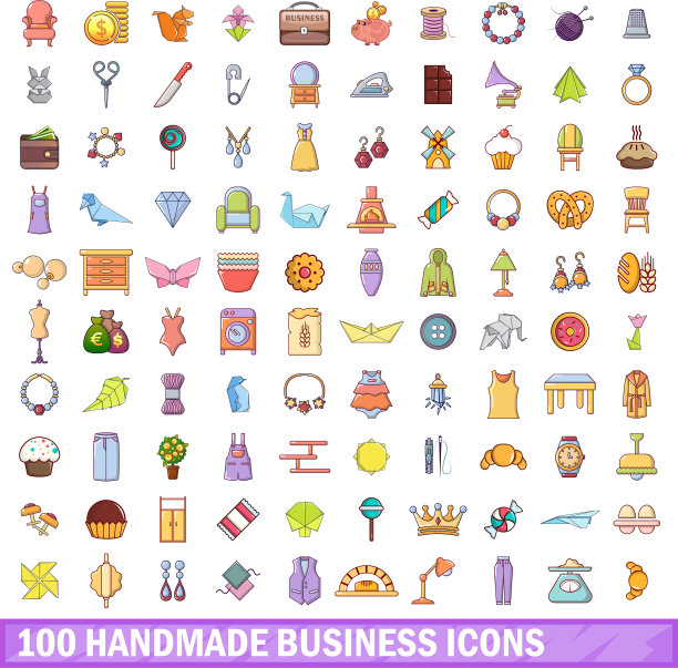 100个手工商业图标集卡通风格图片下载