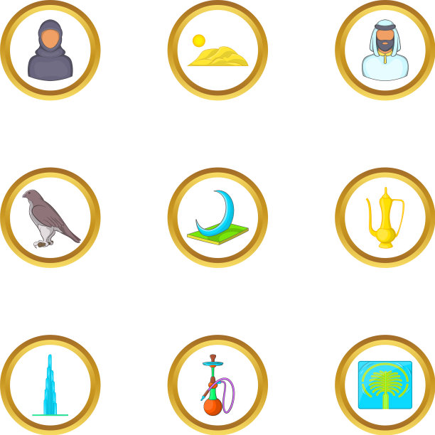 迪拜旅游图标设置卡通风格图片下载