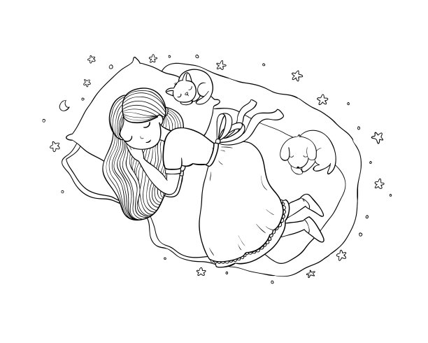 女孩猫和狗睡在床上晚安图片下载