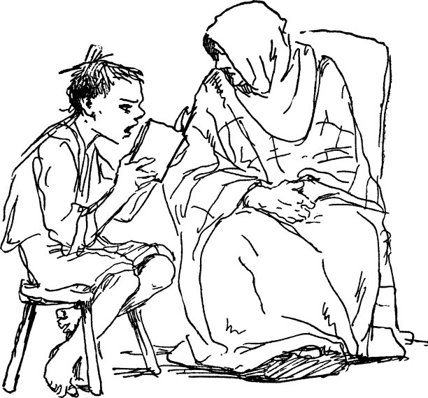 男孩读书给一个老女人的书凳子古董图片下载