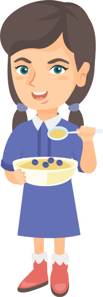 快乐的女孩拿着勺子和一碗粥图片下载