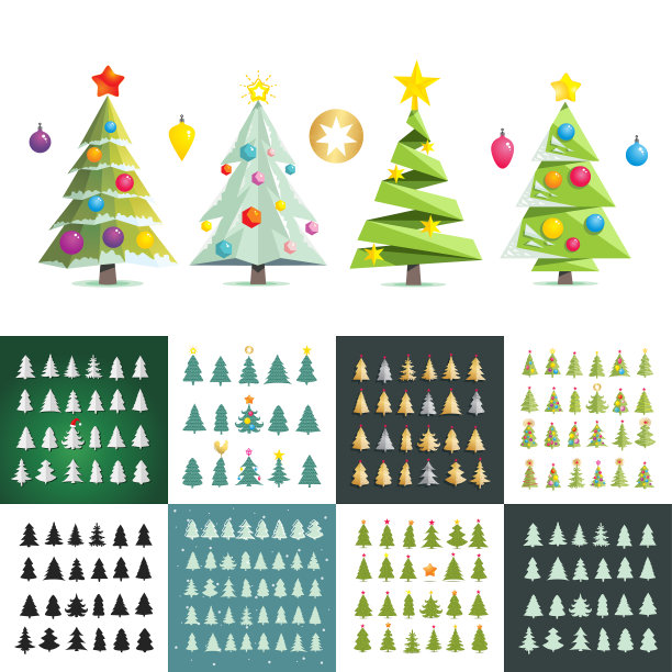 大套不同的圣诞树剪影图片下载