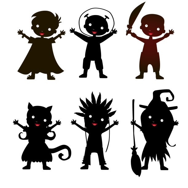 一组孩子的剪影在万圣节服装图片下载