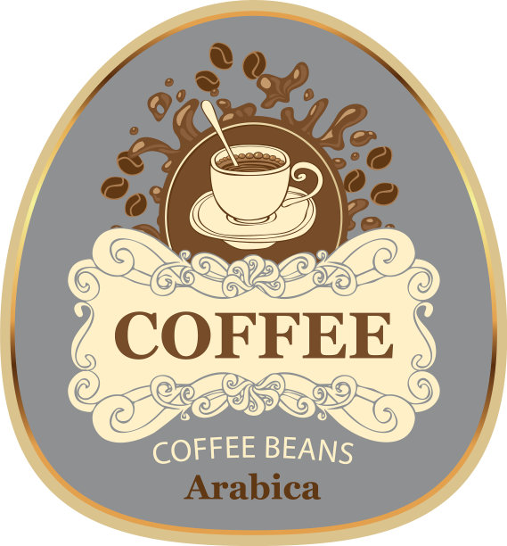 带有杯子和喷溅的阿拉比卡咖啡豆标签图片下载
