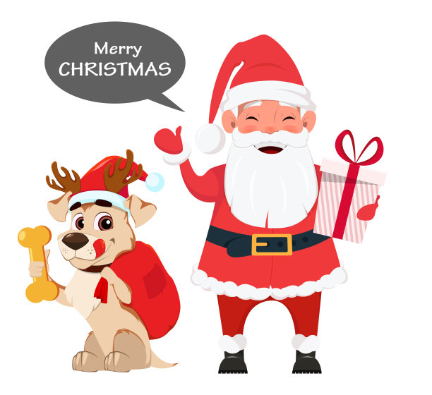 圣诞老人拿着礼物盒和可爱的狗坐着图片下载