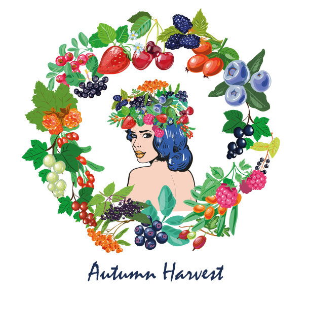 女人用浆果框和花环秋收图片下载