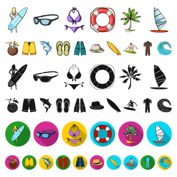 冲浪和极端卡通图标设置图片下载