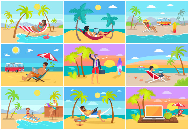 自由职业者在热带度假胜地用笔记本电脑工作图片下载