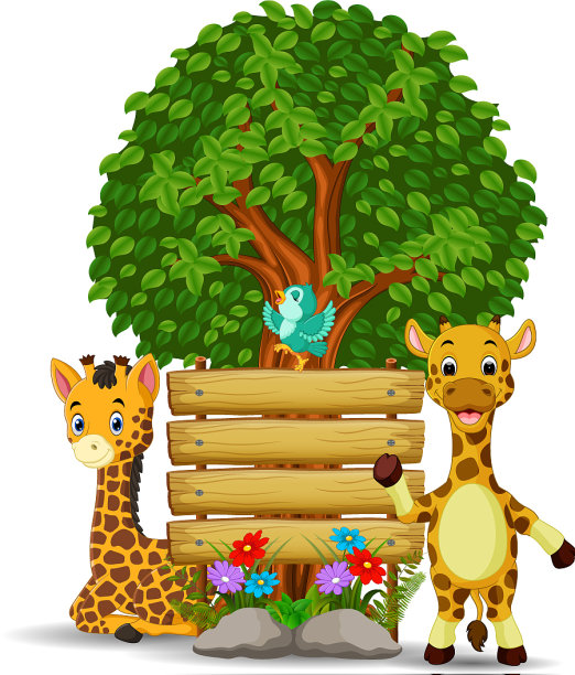 两只长颈鹿和一只鸟在一个空木头前面图片下载