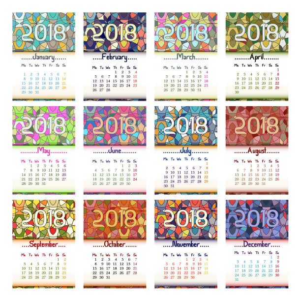 带有东方装饰的2018年日历网格图片下载