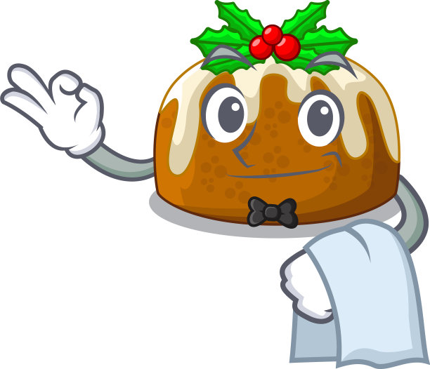 服务员圣诞布丁在餐桌上卡通图片下载