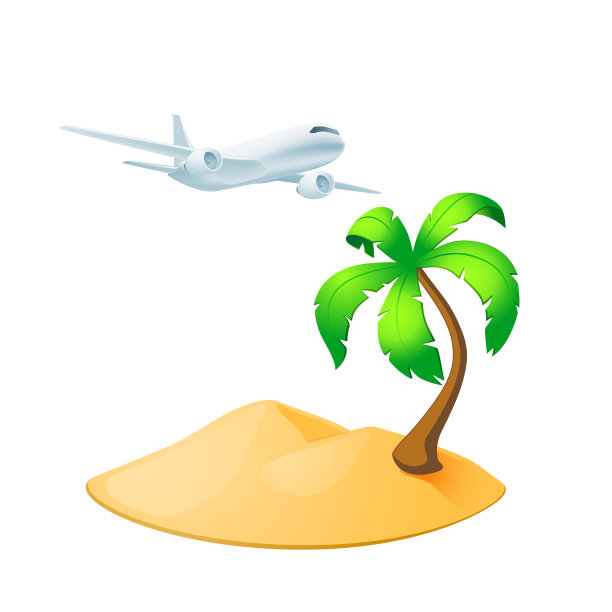 棕榈树岛与飞机孤立在白色图片下载