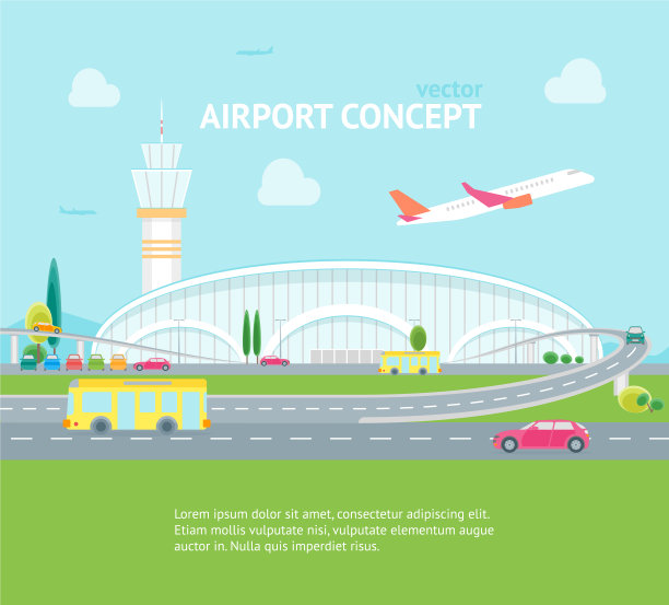 卡通机场建筑和飞机概念横幅图片下载