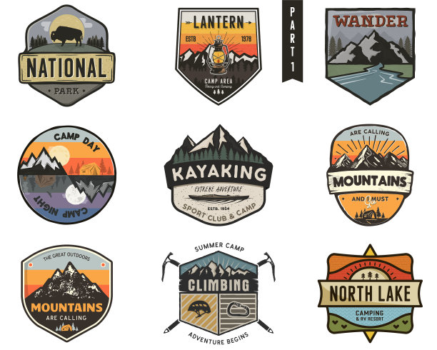 一套复古手绘旅行徽章露营图片下载