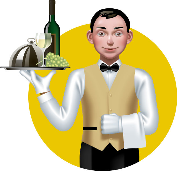 年轻的侍者端着一个托盘在一个黄色的圆圈里图片下载
