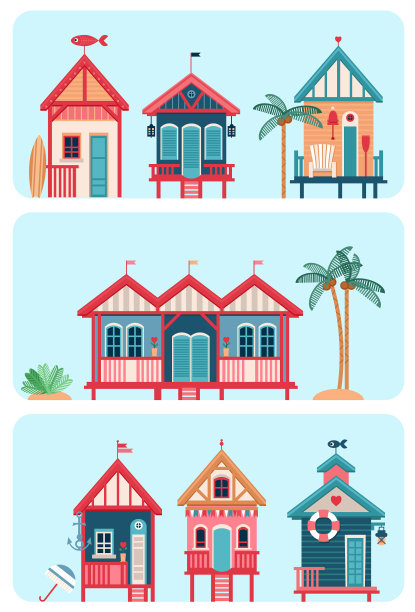 一套7个不同的彩色海滩小屋图片下载