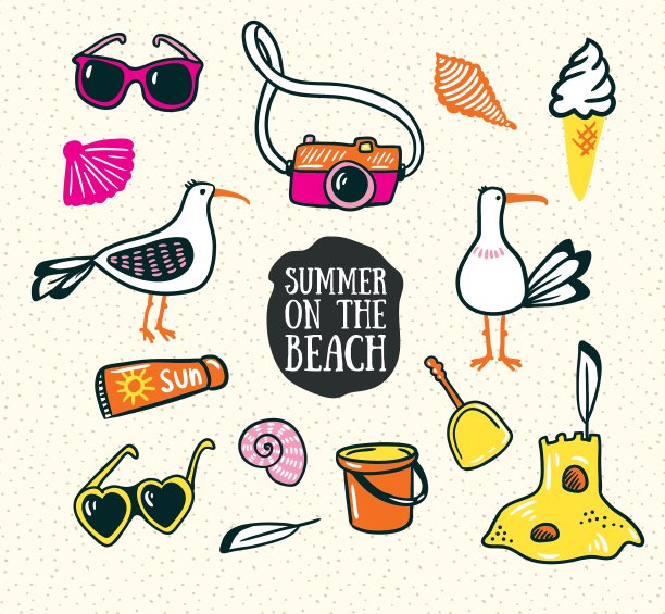 一套可爱的夏天和海滩图标手绘图片下载