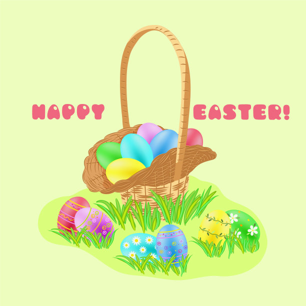 复活节狩猎柳条篮子与彩绘鸡蛋图片下载