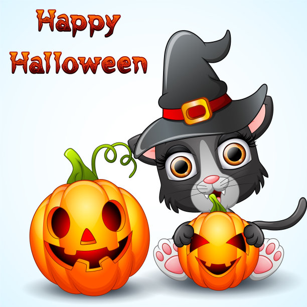 卡通猫戴着女巫帽，拿着南瓜图片下载