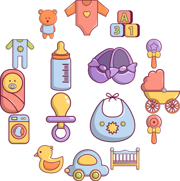 婴儿出生的图标设置卡通风格图片下载