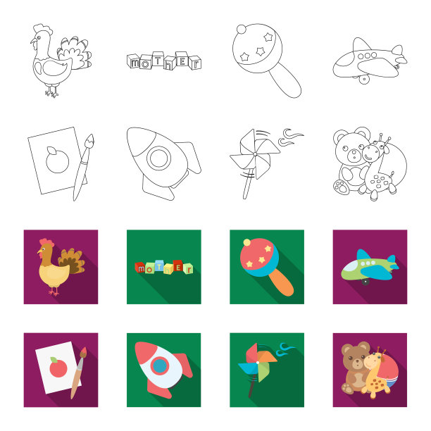 儿童玩具轮廓平面图标集合图片下载