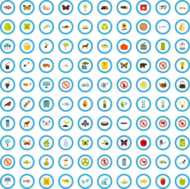 100个生态图标设置扁平风格图片下载