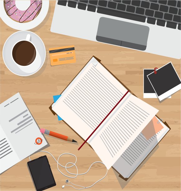 顶视图的办公桌办公桌与数字设备图片下载