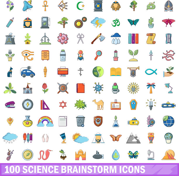 100个科学头脑风暴图标设置卡通风格图片下载