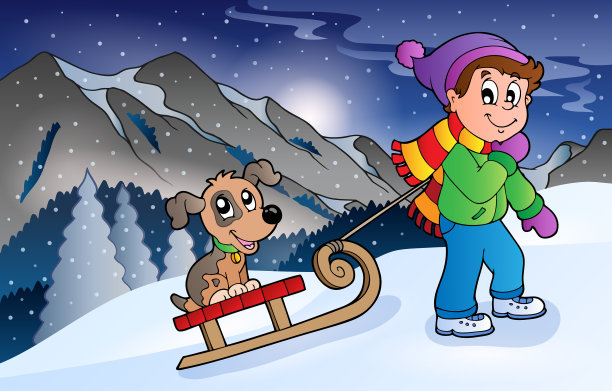 男孩和狗在冬天的雪橇上图片下载