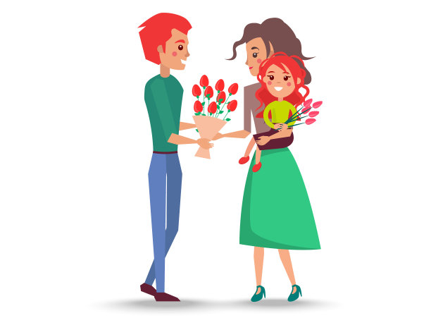 父亲给妻子和女儿一束花图片下载