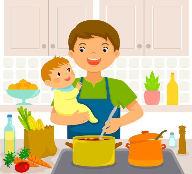 厨房里有个带着孩子的男人图片下载