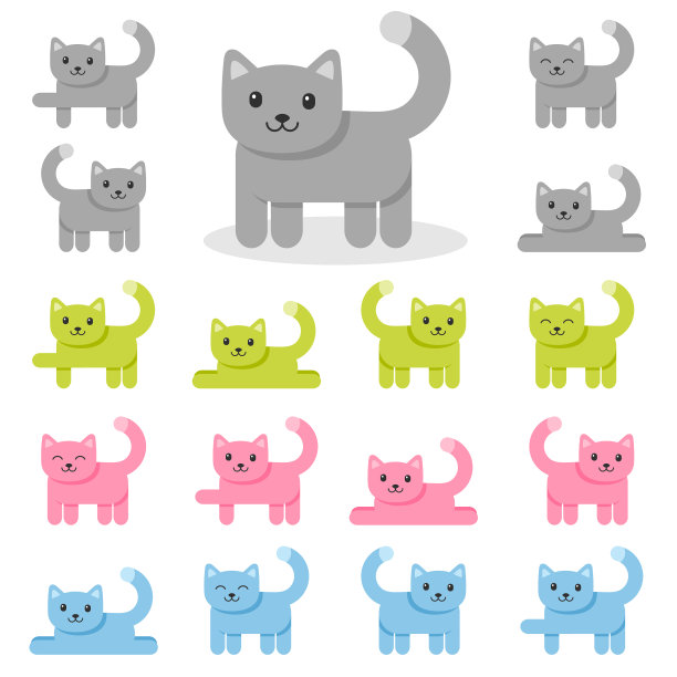 白色背景上的彩色猫咪图标合集图片下载