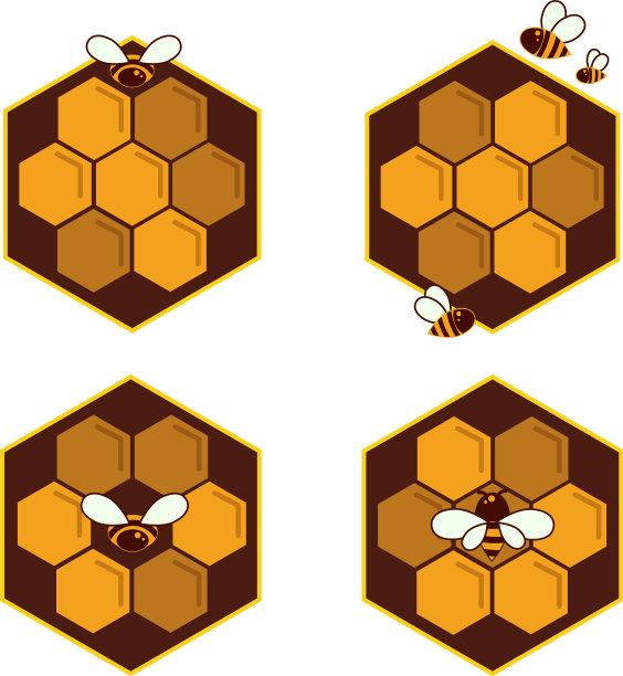 一套蜂巢和蜜蜂素描图标标志图片下载