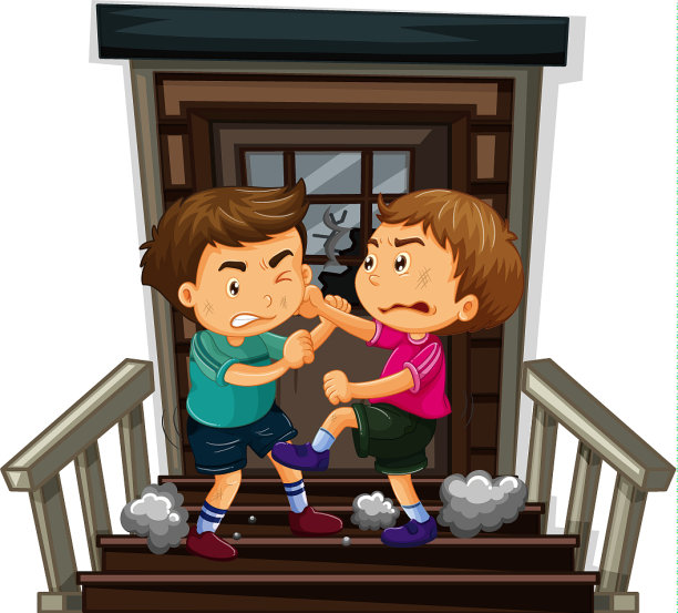 两个男孩在楼梯上打架图片下载